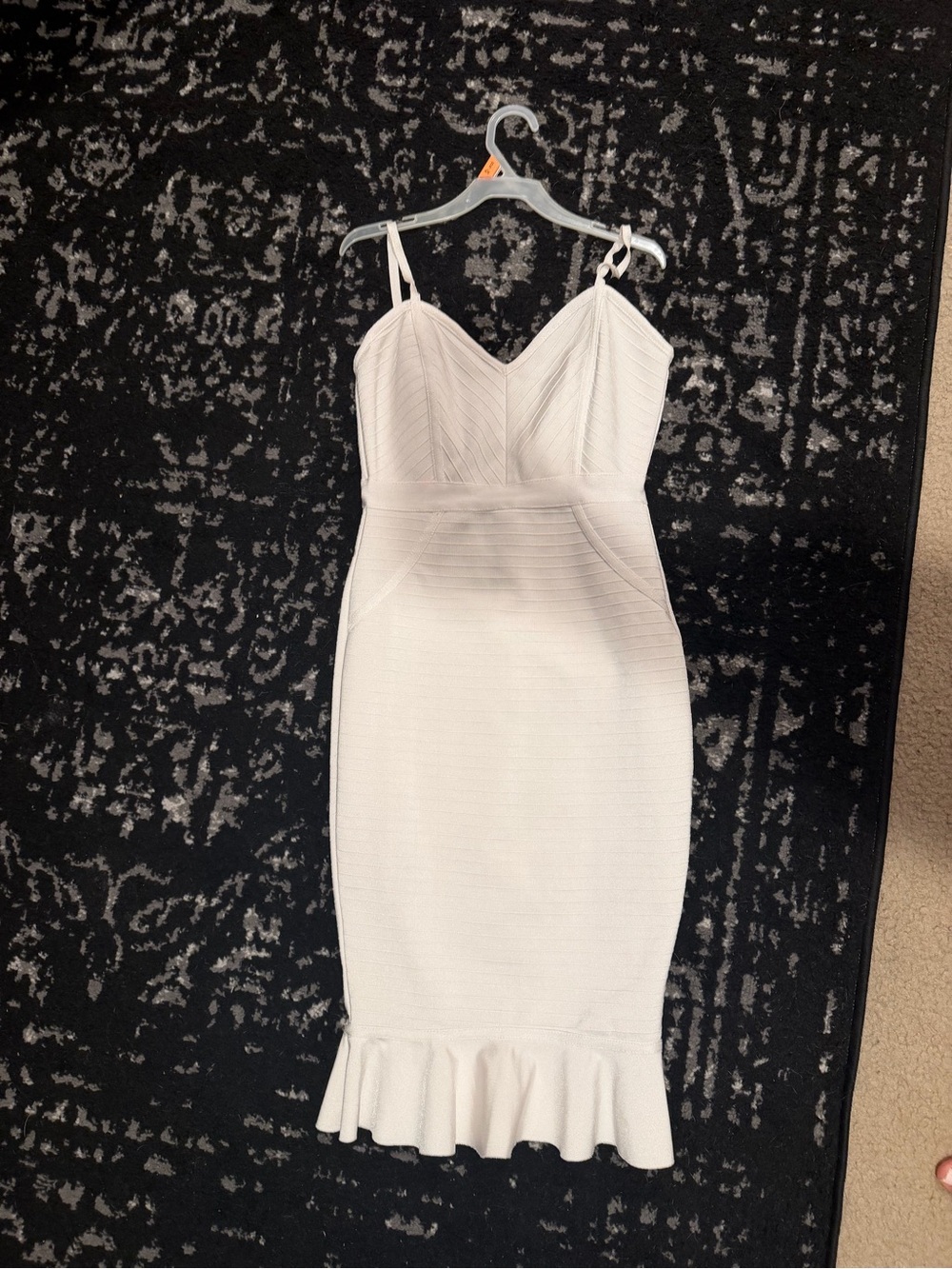 Windsor White Ribbed V-Neck Spaghetti Strap Midi Dress with Ruffle hem